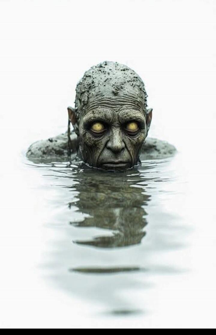 A zombie-like humanoid with pale gray skin and glowing yellow eyes peeks out of murky water.
