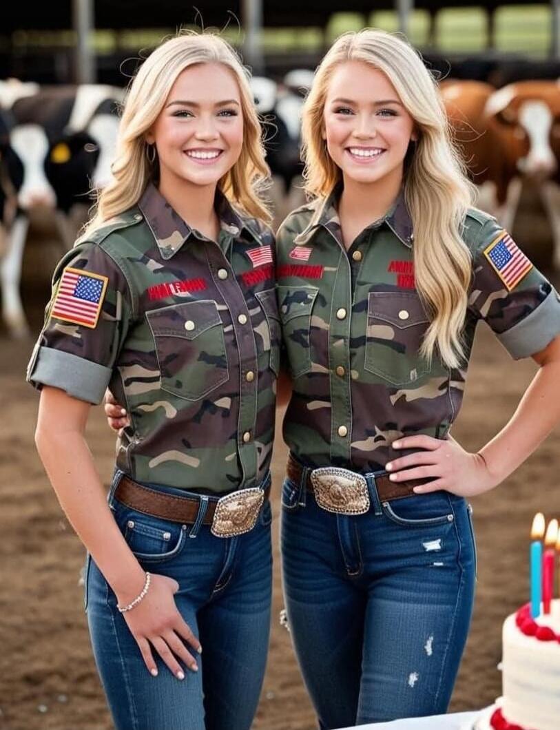 Two smiling blonde women, possibly twins, wearing camouflage shirts with American flag patches, blue jeans, and cowboy belt buckles, stand in front of cows. A small birthday cake with candles is visible on the right. There is no discernible text on the shirts.