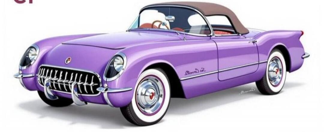 A purple vintage convertible car with white-wall tires. The text 'Corvette' is visible on the side.