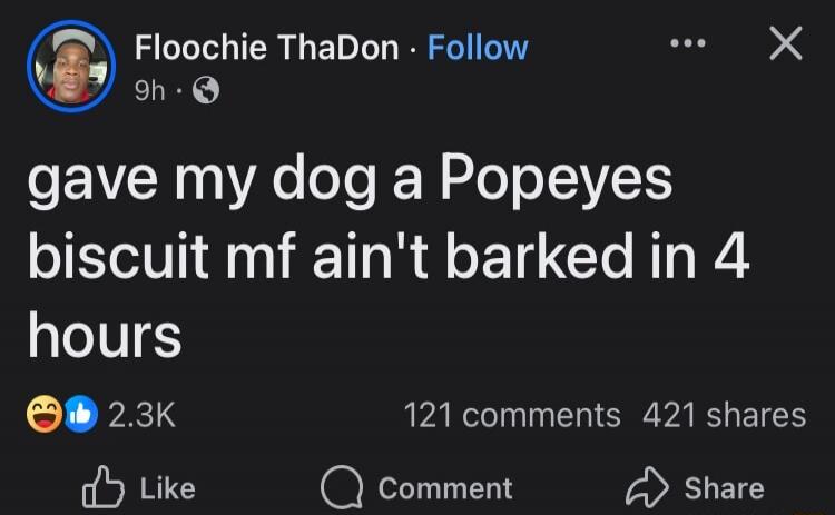 gave my dog a Popeyes biscuit mf ain't barked in 4 hours