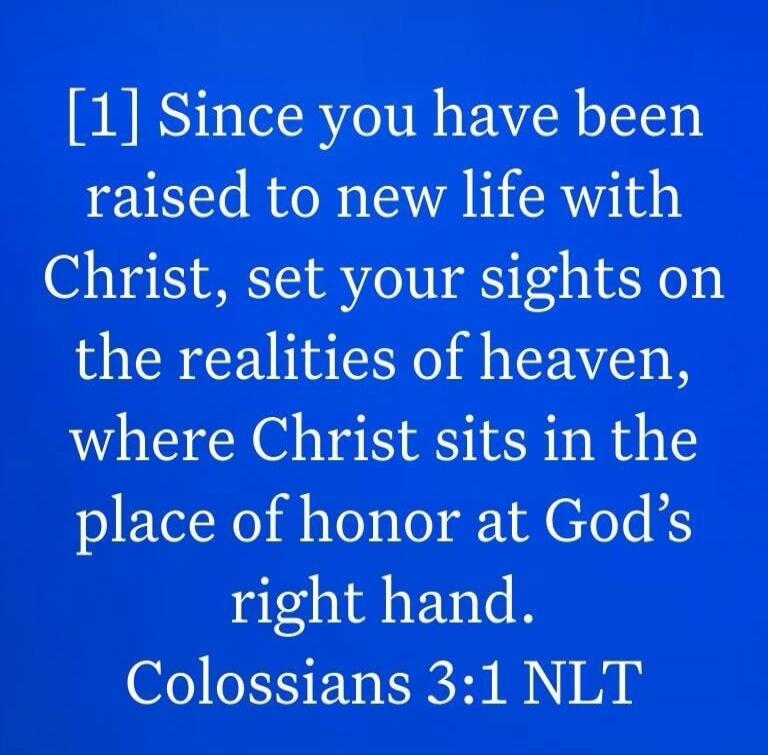 Since you have been raised to new life with Christ, set your sights on the realities of heaven, where Christ sits in the place of honor at God's right hand. Colossians 3:1 NLT
