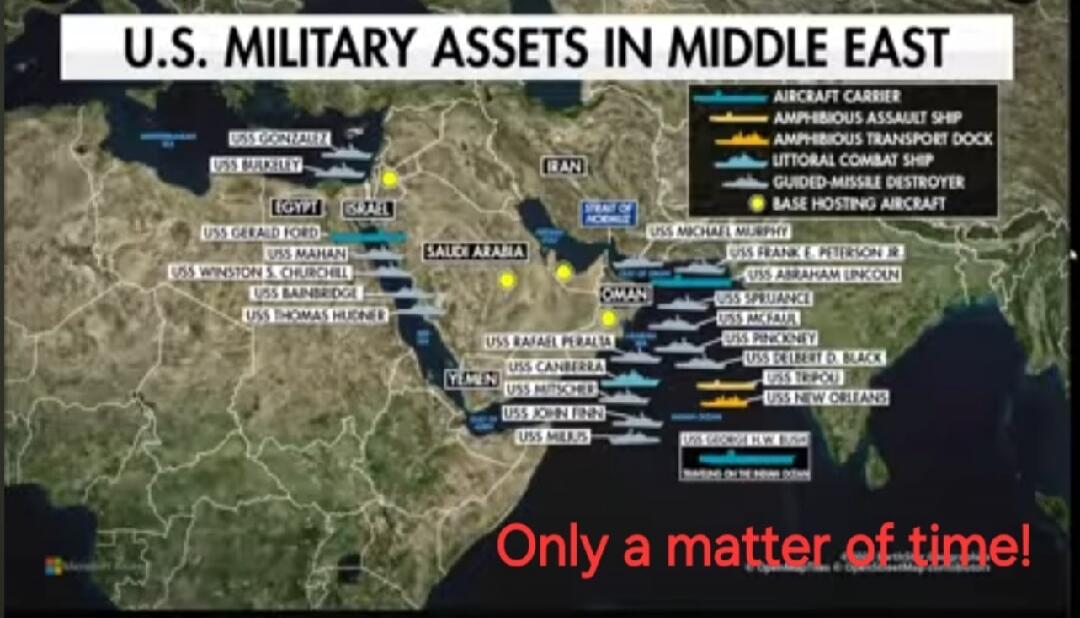 U.S. MILITARY ASSETS IN MIDDLE EAST. AIRCRAFT CARRIER, AMPHIBIOUS ASSAULT SHIP, AMPHIBIOUS TRANSPORT DOCK, LITTORAL COMBAT SHIP, GUIDED-MISSILE DESTROYER, BASE HOSTING AIRCRAFT. EGYPT, ISRAEL, SAUDI ARABIA, IRAN, YEMEN, OMAN. STRAIT OF HORMUZ. USS GONZALEZ, USS BURKLEY, USS GERALD FORD, USS MAHAN, USS WINSTON S. CHURCHILL, USS BAINBRIDGE, USS THOMA