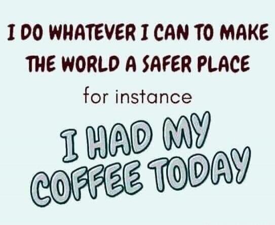 I DO WHATEVER I CAN TO MAKE THE WORLD A SAFER PLACE for instance I HAD MY COFFEE TODAY