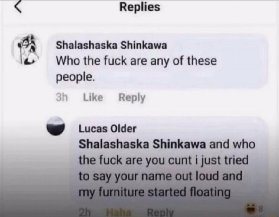 Shalashaska Shinkawa: Who the fuck are any of these people. Lucas Older: Shalashaska Shinkawa and who the fuck are you cunt i just tried to say your name out loud and my furniture started floating