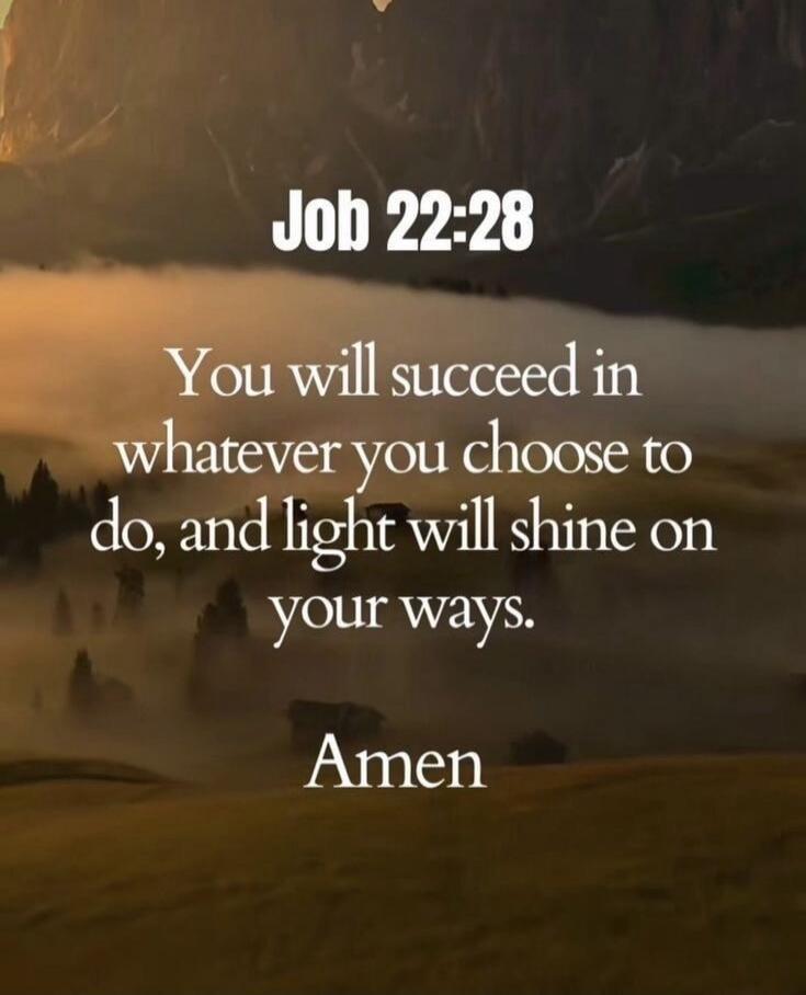 Job 22-28
You will succeed in whatever you choose to do, and light will shine on your ways.
Amen