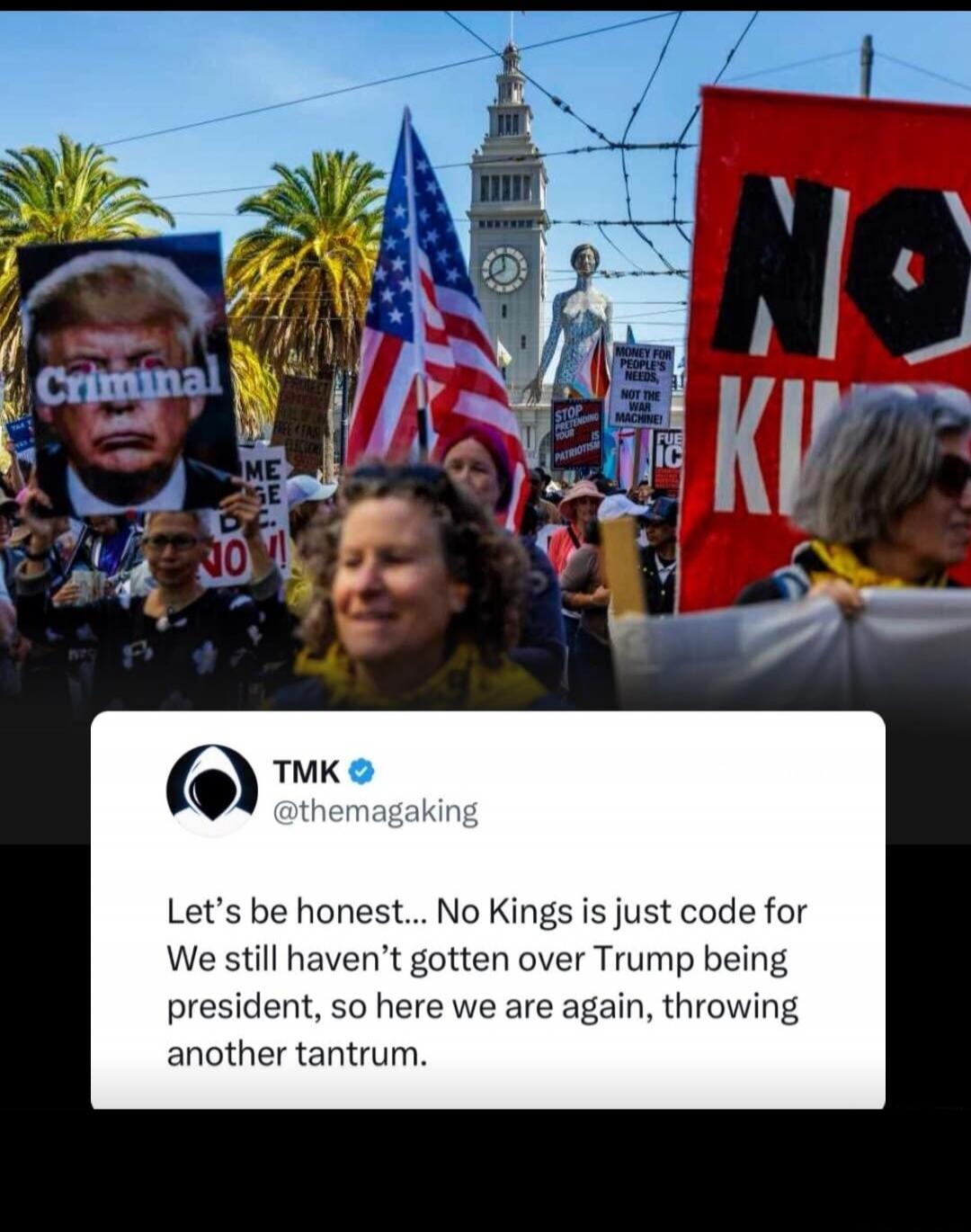 CRIMINAL. NO KINGS. MONEY FOR PEOPLE'S NEEDS, NOT THE WAR MACHINE! STOP PRETENDING YOUR PATRIOTISM IS... PROTECT AMERICAN FREE & FAIR ELECTION. Let's be honest... No Kings is just code for We still haven't gotten over Trump being president, so here we are again, throwing another tantrum.