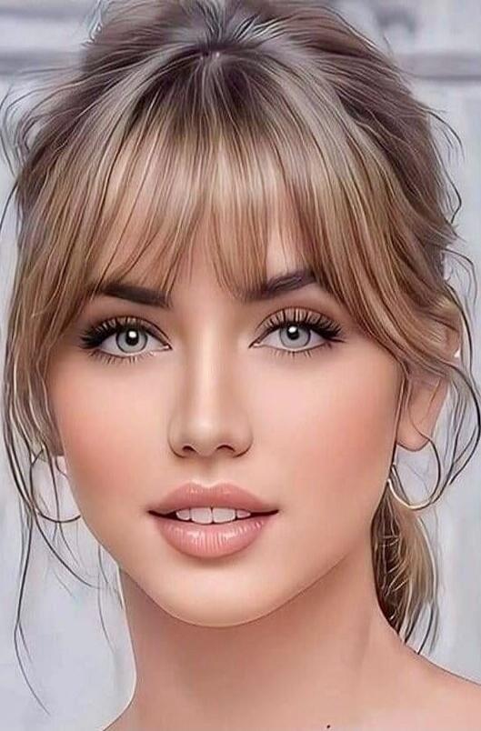 A close-up portrait of a young woman with blonde hair and bangs, soft makeup.