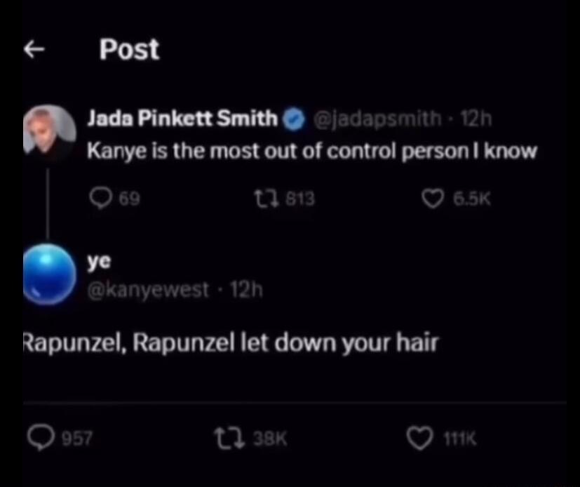 Post Jada Pinkett Smith Kanye is the most out of control person know Q Rapunzel Rapunzel let down your hair ja o u V