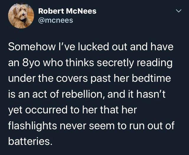 Robert McNees b AQINCLEEN STe 0 YT VA RVEEN U161 CTe Mo U dTalo N IV an 8yo who thinks secretly reading under the covers past her bedtime is an act of rebellion and it hasnt yet occurred to her that her flashlights never seem to run out of batteries