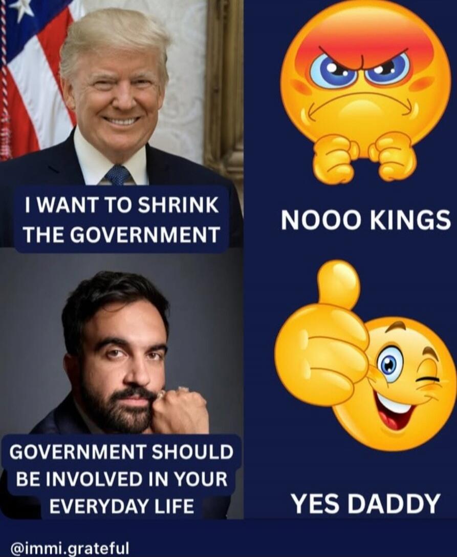 I WANT TO SHRINK THE GOVERNMENT
NOOO KINGS
GOVERNMENT SHOULD BE INVOLVED IN YOUR EVERYDAY LIFE
YES DADDY