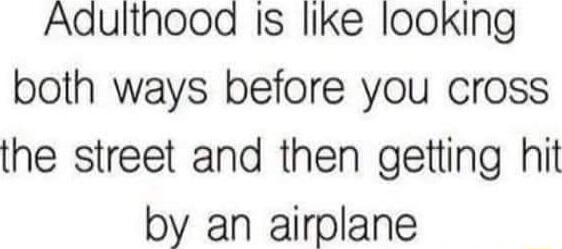 Adulthooa Is like looking both ways before you cross the street and then getting hit by an airplane