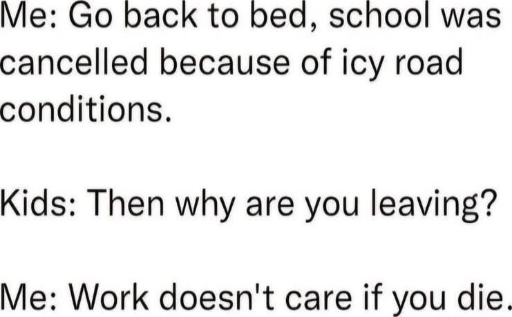 Me: Go back to bed, school was cancelled because of icy road conditions.
Kids: Then why are you leaving?
Me: Work doesn't care if you die.
Session ID: 1037965.