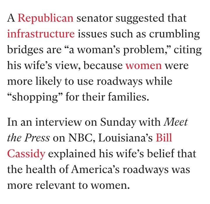 A Republican senator suggested that infrastructure issues such as crumbling bridges are a womans problem citing his wifes view because women were more likely to use roadways while shopping for their families In an interview on Sunday with Meet the Press on NBC Louisianas Bill Cassidy explained his wifes belief that the health of Americas roadways was more relevant to women