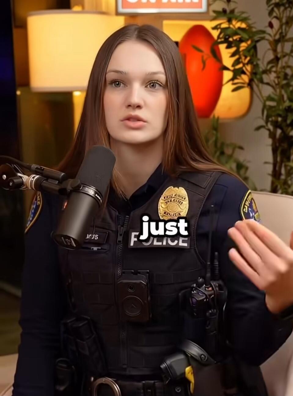 Just police. A female officer is speaking into a microphone, likely discussing her experiences or aspects of law enforcement.