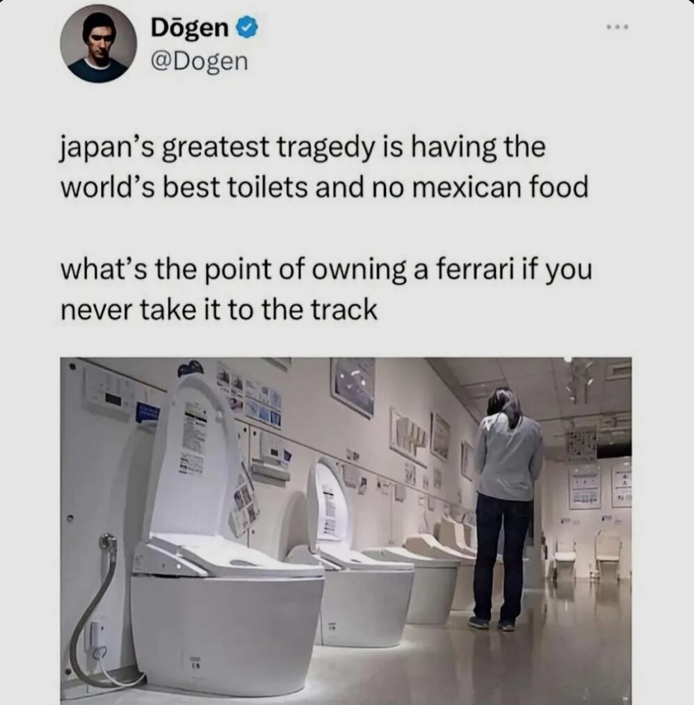Japan's greatest tragedy is having the world's best toilets and no mexican food what's the point of owning a ferrari if you never take it to the track