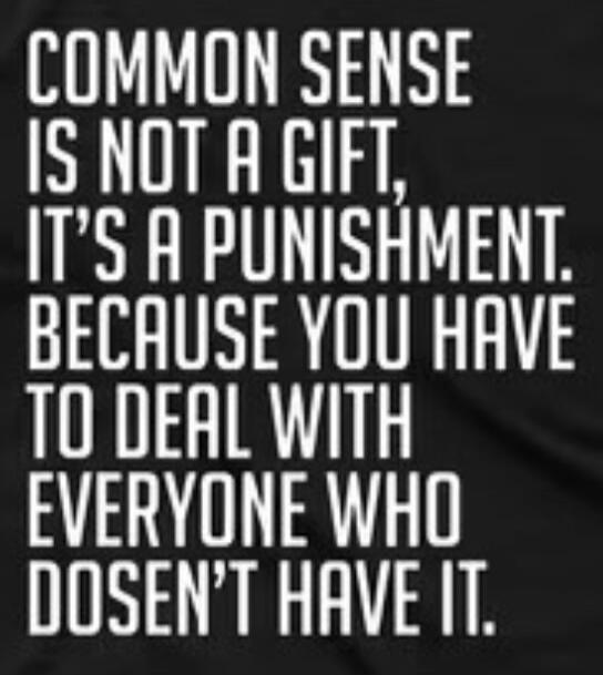 COMMON SENSE IS NOT A GIFT, IT'S A PUNISHMENT. BECAUSE YOU HAVE TO DEAL WITH EVERYONE WHO DOESN'T HAVE IT.