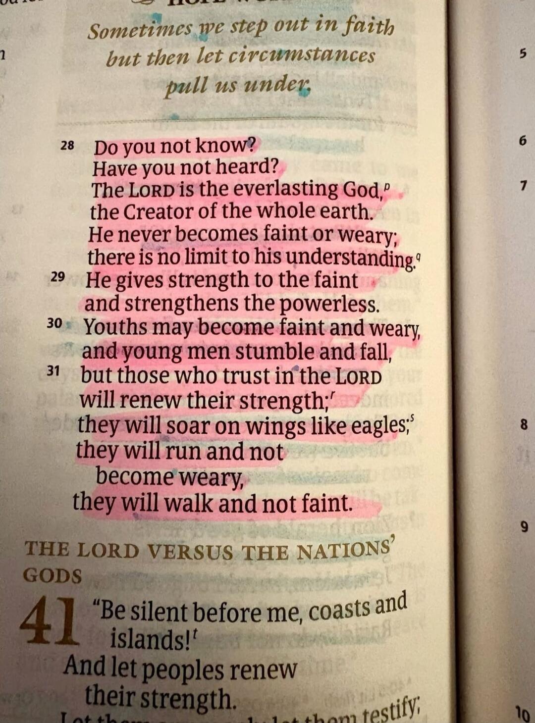 Sometimes we step out in faith but then let circumstances pull us under. Do you not know? Have you not heard? The LORD is the everlasting God, the Creator of the whole earth. He never becomes faint or weary; there is no limit to his understanding. He gives strength to the faint and strengthens the powerless. Youths may become faint and weary, and y