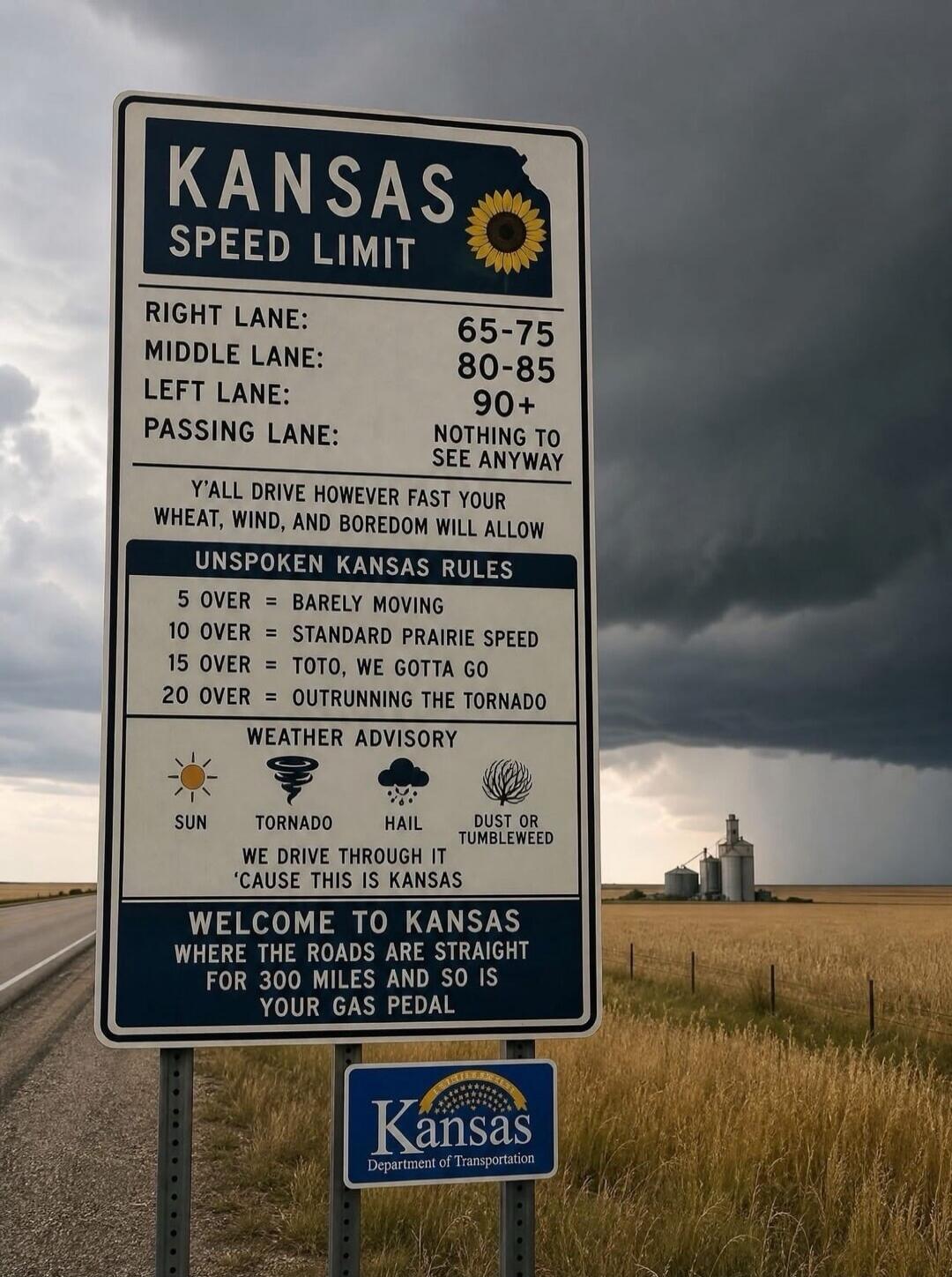 KANSAS SPEED LIMIT. RIGHT LANE: 65-75. MIDDLE LANE: 80-85. LEFT LANE: 90+. PASSING LANE: NOTHING TO SEE ANYWAY. Y'ALL DRIVE HOWEVER FAST YOUR WHEAT, WIND, AND BOREDOM WILL ALLOW. UNSPOKEN KANSAS RULES: 5 OVER = BARELY MOVING. 10 OVER = STANDARD PRAIRIE SPEED. 15 OVER = TOTO, WE GOTTA GO. 20 OVER = OUTRUNNING THE TORNADO. WEATHER ADVISORY: SUN, TORN