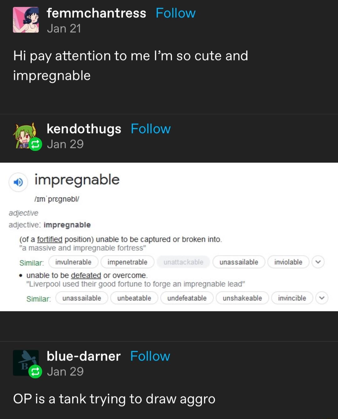 femmchantress Hi pay attention to me Im so cute and impregnable kendothugs impregnable impregnasie JERCEIG T OP s a tank trying to draw aggro