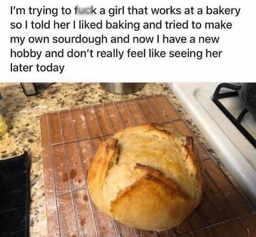 Maxwellvador 18h Im trying to fuck a girl that works at a bakery so told her liked baking and tried to make my own sourdough and now have a new hobby and dont really feel like seeing her later today 5 I