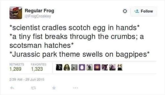 Regular Frog Follow scientist cradles scotch egg in hands a tiny fist breaks through the crumbs a scotsman hatches Jurassic park theme swells on bagpipes 1288 13 HAHBDAEWESE