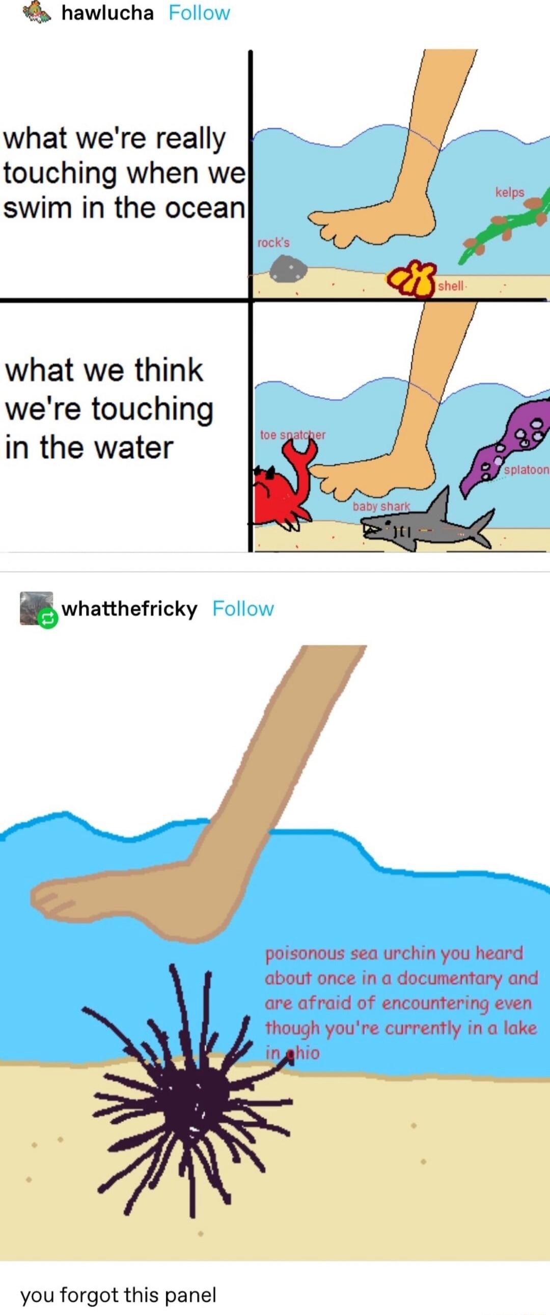 hawlucha what were really touching when we swim in the ocean what we think were touching in the water epiatoon 8 whatthefricky e J poisonous sea urchin you heard about once in a documentary and are afraid of encountering even though youre currently in a lake inghio you forgot this panel