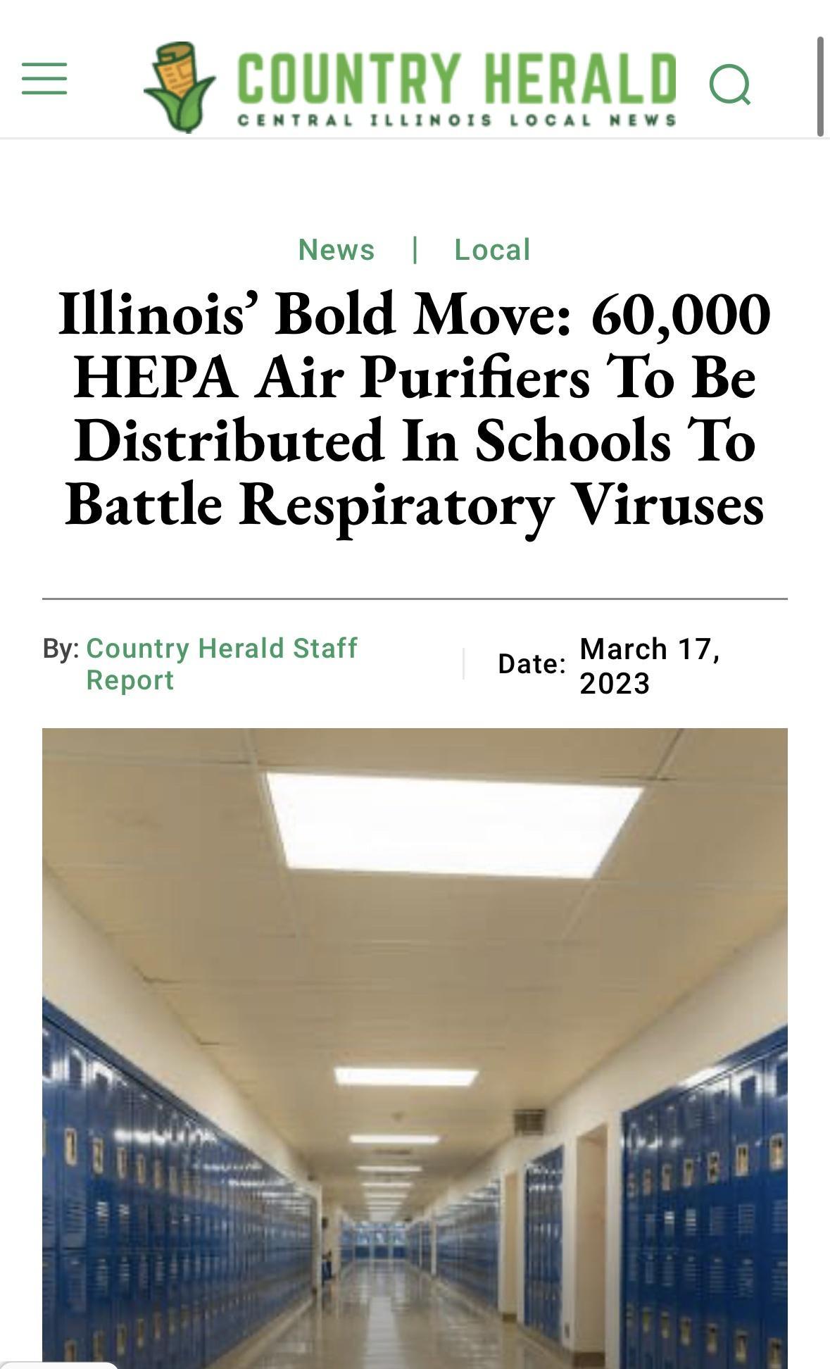 COUNTRY HERALD News Local Illinois Bold Move 60000 HEPA Air Purifiers To Be Distributed In Schools To Battle Respiratory Viruses By Country Herald Staff March 17 Date Report 2023