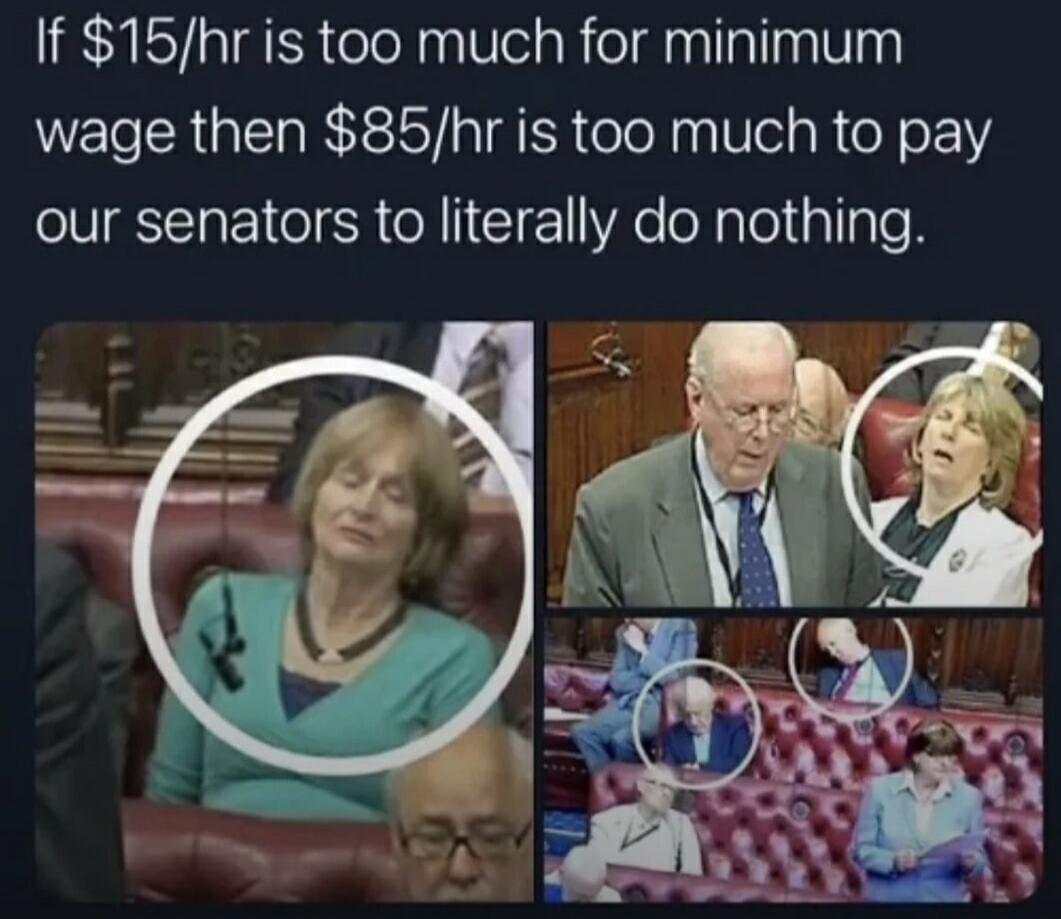 If $15/hr is too much for minimum wage then $85/hr is too much to pay our senators to literally do nothing.