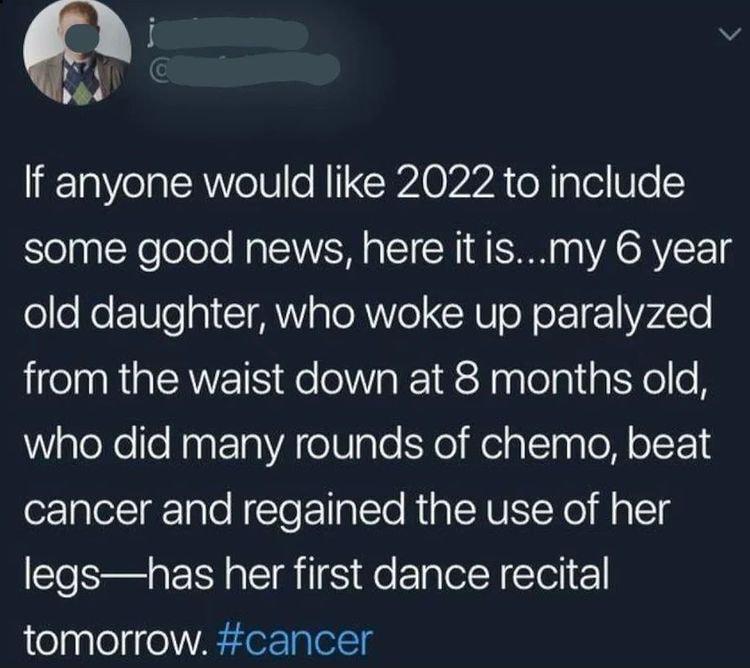 ol 2 10 Ia oA VeIUo RICRAO M4 X glel WTo some good news here it ismy 6 year old daughter who woke up paralyzed from the waist down at 8 months old WaleXelleNaqtTnATolU alo SNe e allaglo M olT 1 orglel grTalo N STo T a T Rual AU No Mg T legshas her first dance recital tomorrow cancer