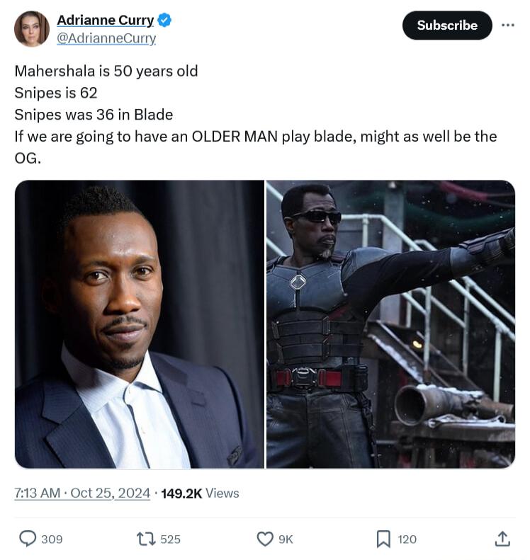 Limziie Mahershala s 50 years old Snipesis 62 Snipes was 36 in Blade If we are going to have an OLDER MAN play blade might as well be the oG