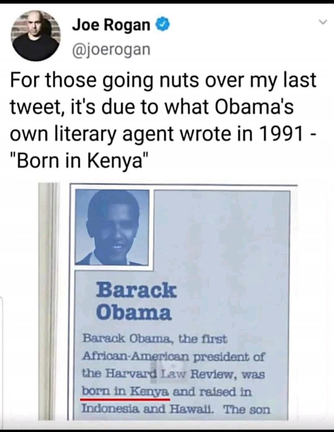 Joe Rogan @joerogan For those going nuts over my last tweet, it's due to what Obama's own literary agent wrote in 1991 - 