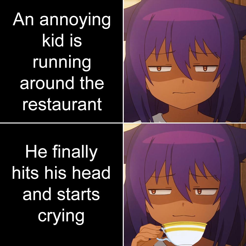 An annoying kid is STalalll around the restaurant RN hits his head ELQER el crying