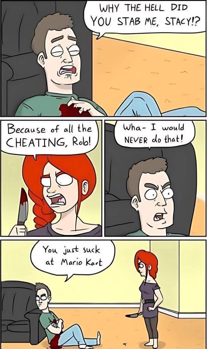 WHY THE HELL DID YOU STAB ME STAcY Because of all the Wha I would CHEATING Reb NEVER do that