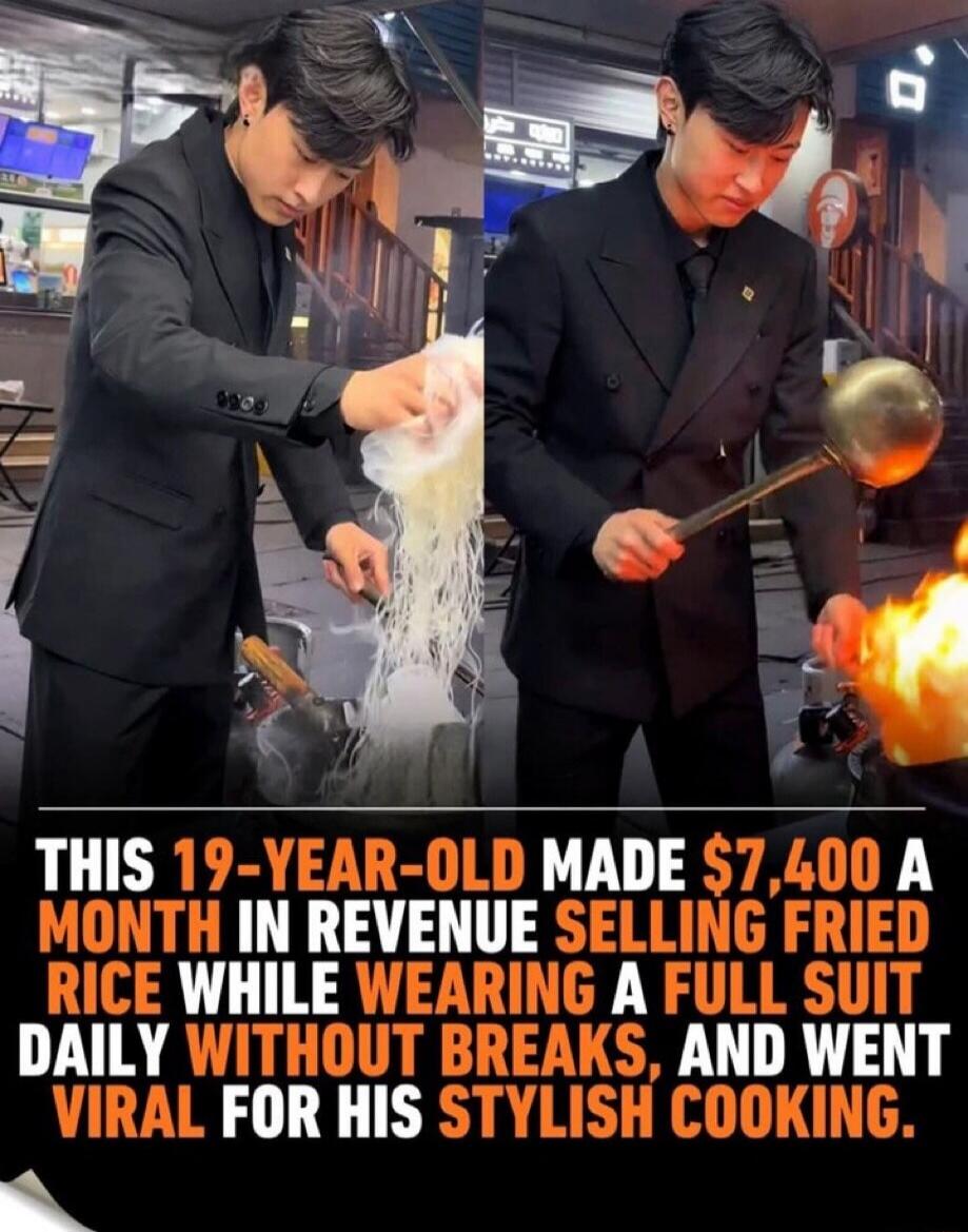 THIS 19-YEAR-OLD MADE $7,400 A MONTH IN REVENUE SELLING FRIED RICE WHILE WEARING A FULL SUIT DAILY WITHOUT BREAKS, AND WENT VIRAL FOR HIS STYLISH COOKING.