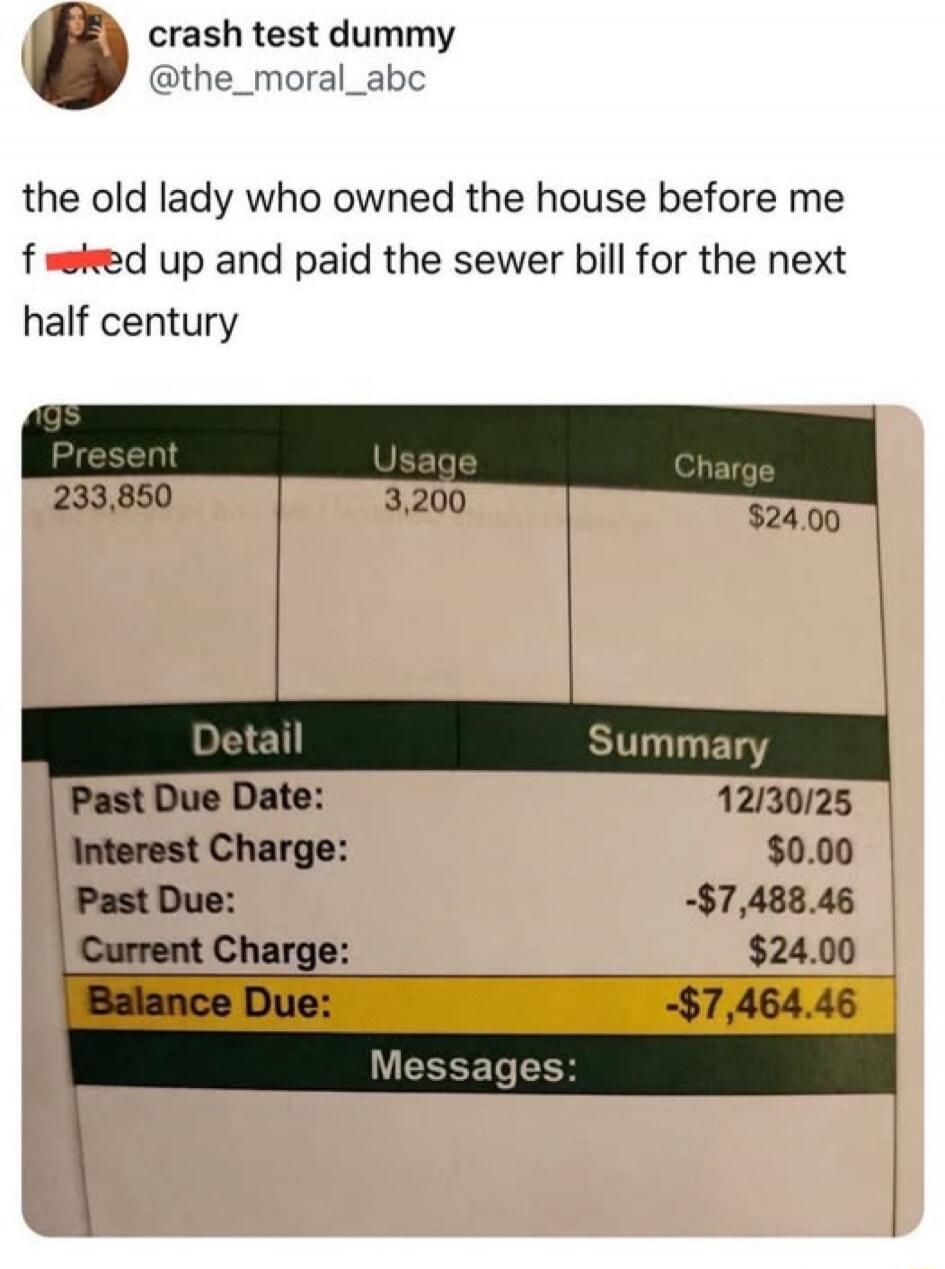 crash test dummy @the_moral_abc the old lady who owned the house before me messed up and paid the sewer bill for the next half century.
Bill details: Present 233,850, Usage 3,200, Charge $24.00.
Summary: Past Due Date 12/30/25, Interest Charge $0.00, Past Due -$7,488.46, Current Charge $24.00, Balance Due -$7,464.46.