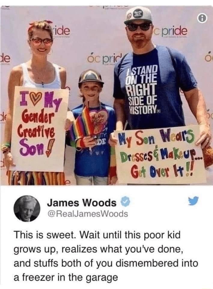 James Woods L RealJamesWoods This is sweet Wait until this poor kid grows up realizes what youve done and stuffs both of you dismembered into a freezer in the garage