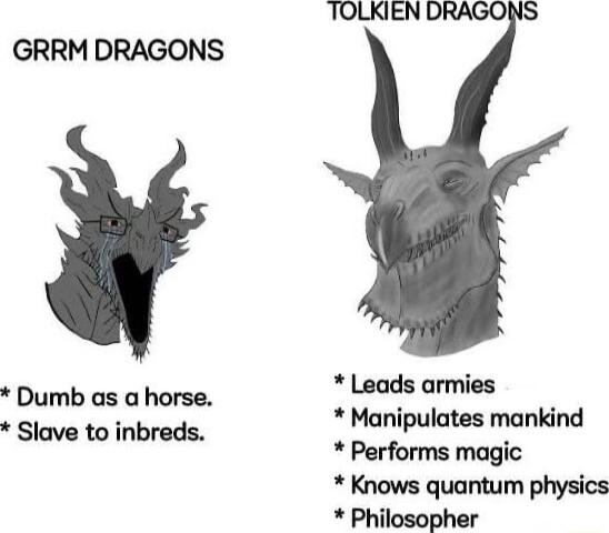 TOLKIEN IS GRRM DRAGONS Dumb as a horse Laadsurmiu Slave to inbreds K r Knows quantum physics Philosopher