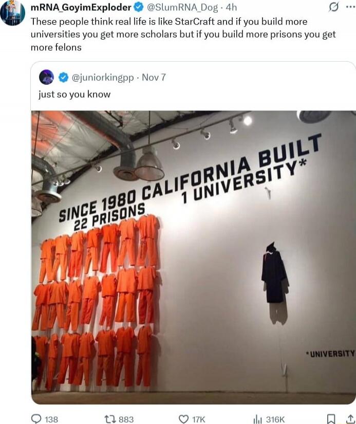 These people think real life is like StarCraft and if you build more universities you get more scholars but if you build more prisons you get more felons

SINCE 1980 CALIFORNIA BUILT 22 PRISONS 1 UNIVERSITY*

just so you know