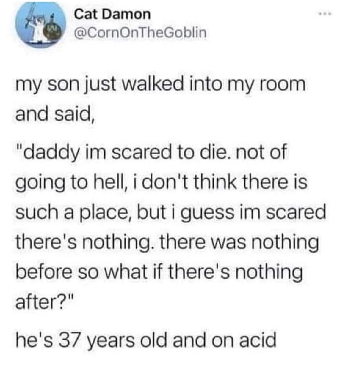 Cat Damon CornOnTheGoblin my son just walked into my room and said daddy im scared to die not of going to hell idont think there is such a place but i guess im scared theres nothing there was nothing before so what if theres nothing after hes 37 years old and on acid