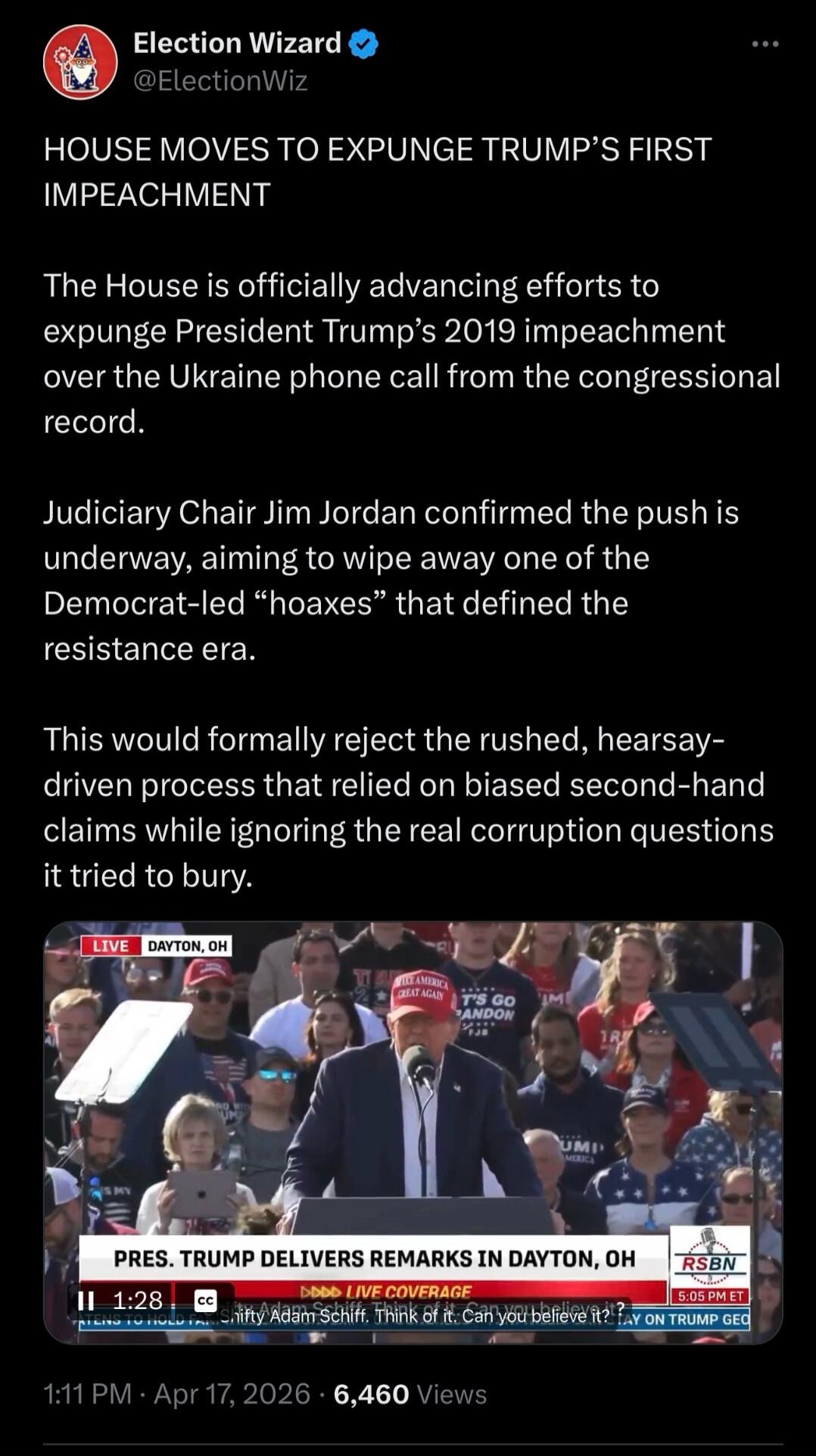 HOUSE MOVES TO EXPUNGE TRUMP'S FIRST IMPEACHMENT. The House is officially advancing efforts to expunge President Trump's 2019 impeachment over the Ukraine phone call from the congressional record. Judiciary Chair Jim Jordan confirmed the push is underway, aiming to wipe away one of the Democrat-led 'hoaxes' that defined the resistance era. This wou