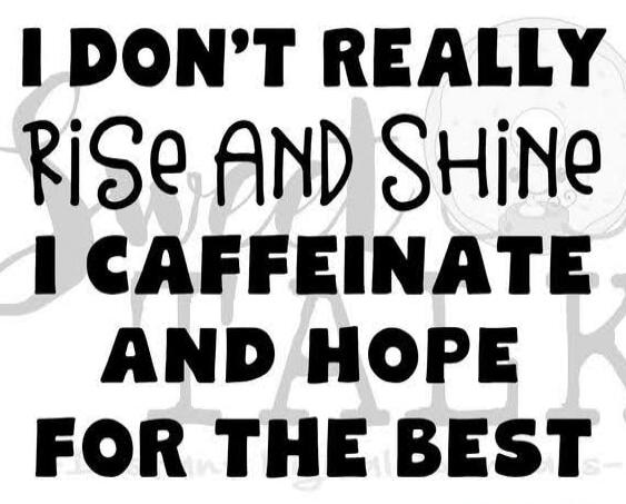 I DON'T REALLY RISE AND SHINE I CAFFEINATE AND HOPE FOR THE BEST
