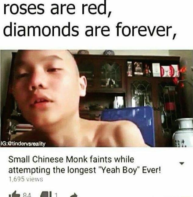 roses are red, diamonds are forever, Small Chinese Monk faints while attempting the longest 