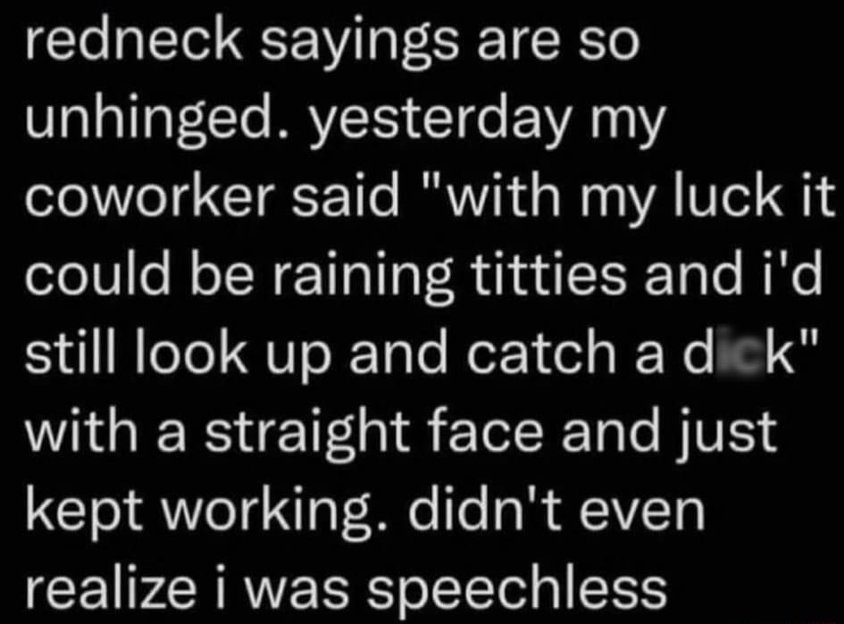 redneck sayings are so unhinged yesterday my coworker said with my luck it could be raining titties and id still look up and catch a dick NGRS E S EIERE BV G o RV Tq oF Mo e 11 realize i was speechless