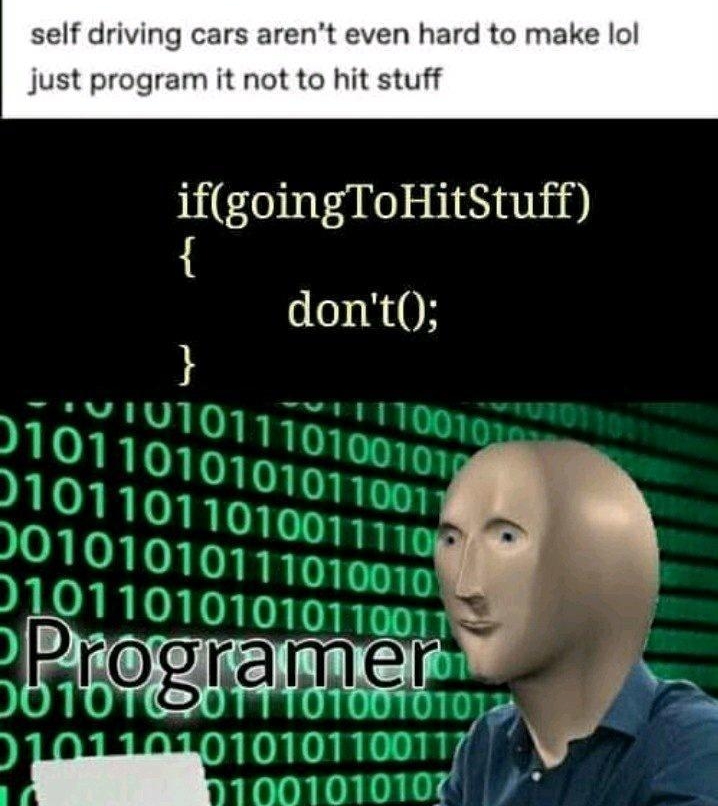 self driving cars arent even hard to make lo just program it not to hit stuff ifgoingToHitStuff dont