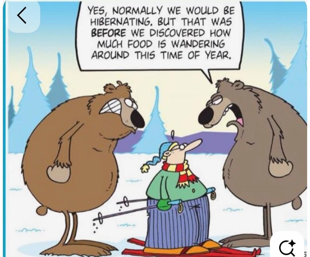 YES, NORMALLY WE WOULD BE HIBERNATING. BUT THAT WAS BEFORE WE DISCOVERED HOW MUCH FOOD IS WANDERING AROUND THIS TIME OF YEAR.