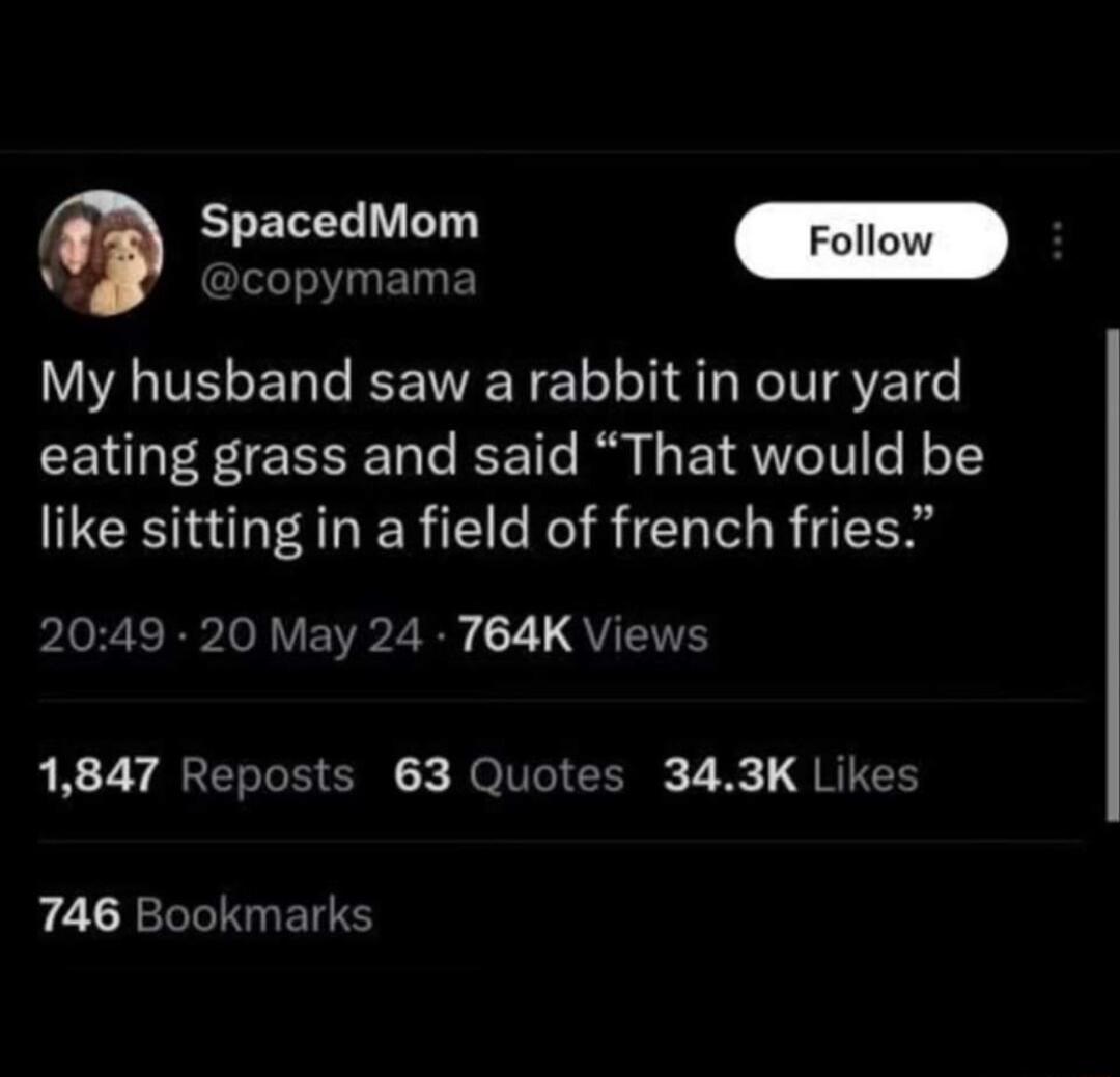 ELECELRIUE copymama My husband saw a rabbit in our yard eating grass and said That would be like sitting in a field of french fries pIo R I VER 2 2 QYUEIVE LR TYQREEE O JOlNGIEN 7 R QRIEE 746 Bookmarks