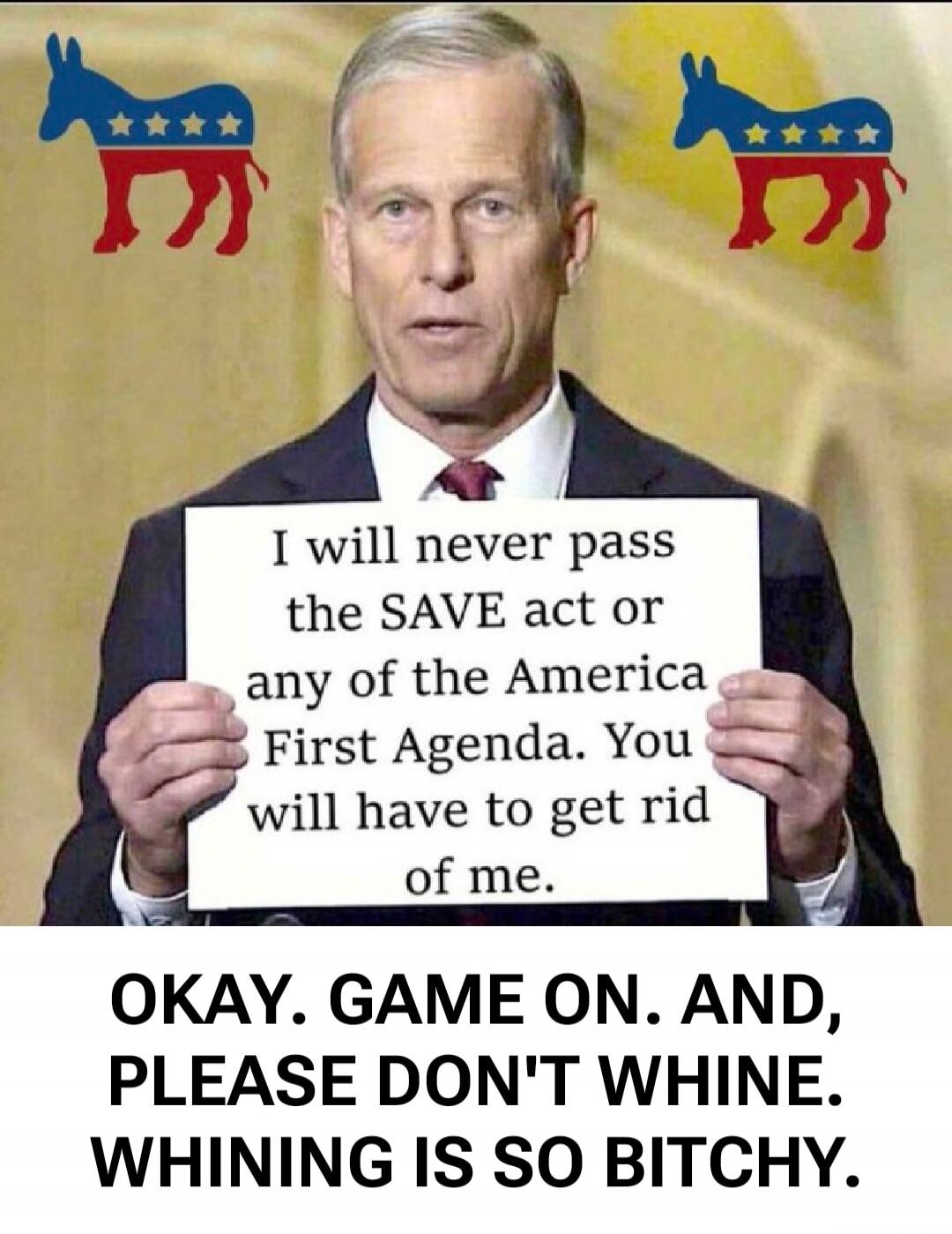 I will never pass the SAVE act or any of the America First Agenda. You will have to get rid of me. OKAY. GAME ON. AND, PLEASE DON'T WHINE. WHINING IS SO BITCHY.