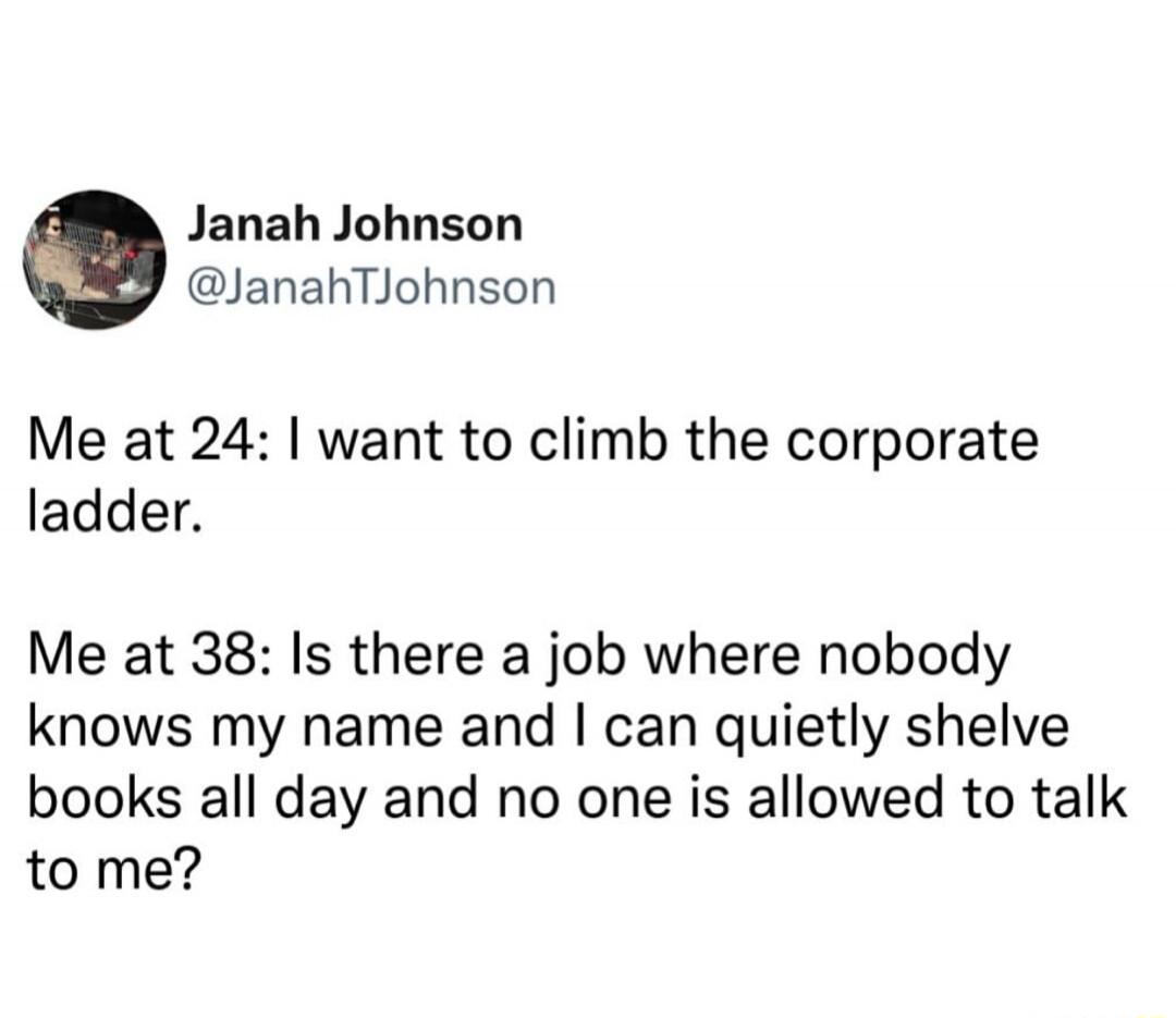 Me at 24: I want to climb the corporate ladder. Me at 38: Is there a job where nobody knows my name and I can quietly shelve books all day and no one is allowed to talk to me?