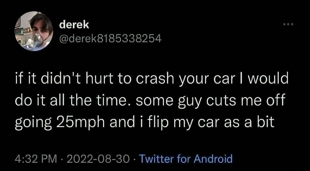 derek derek8185338254 if it didnt hurt to crash your car would do it all the time some guy cuts me off going 25mph and i flip my car as a bit 432 PM 2022 08 30 Twitter for Android