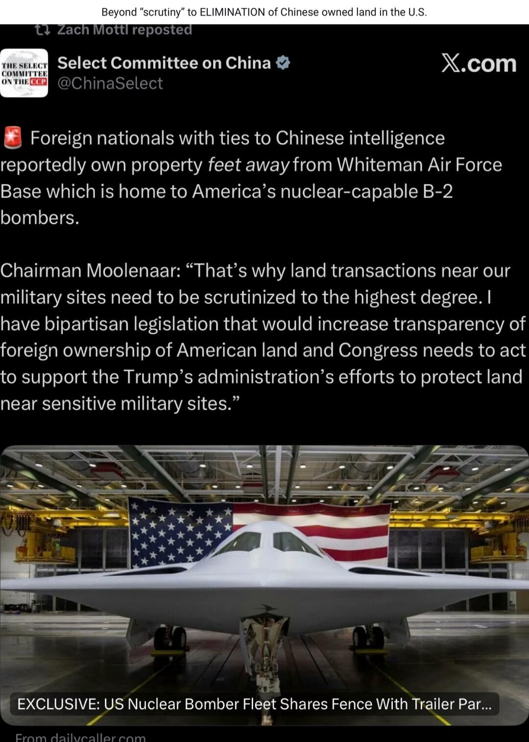 Foreign nationals with ties to Chinese intelligence reportedly own property feet away from Whiteman Air Force Base which is home to America’s nuclear-capable B-2 bombers. Chairman Moolenaar: “That’s why land transactions near our military sites need to be scrutinized to the highest degree. I have bipartisan legislation that would increase transpare
